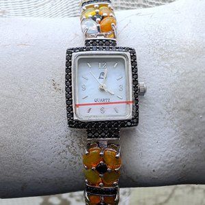 NWOT Designer Ethiopian Welo Opal & Black Onyx Sterling Silver Watch Wristwatch